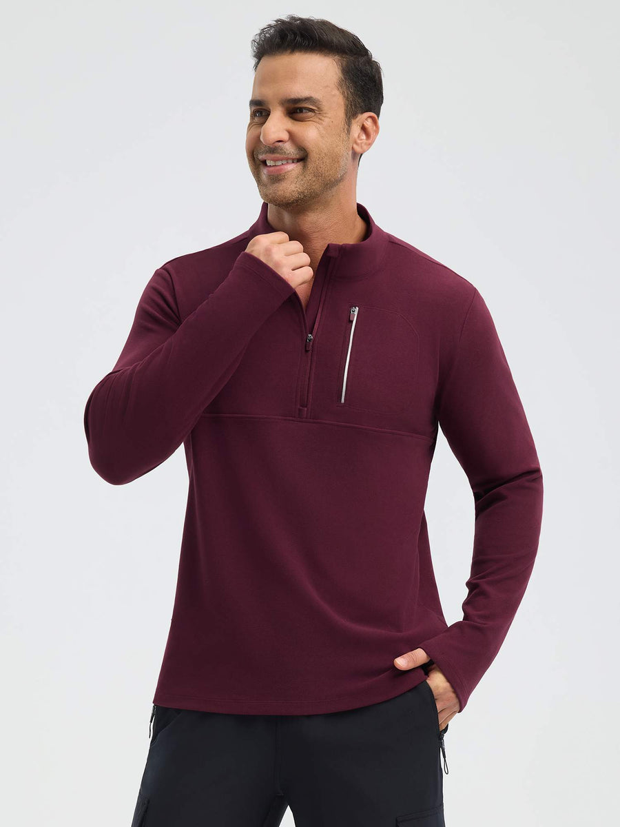 Men’s Running Half-Zip Front-Pocket Fleece Long-Sleeve T-Shirt - Wine Red / 2XL