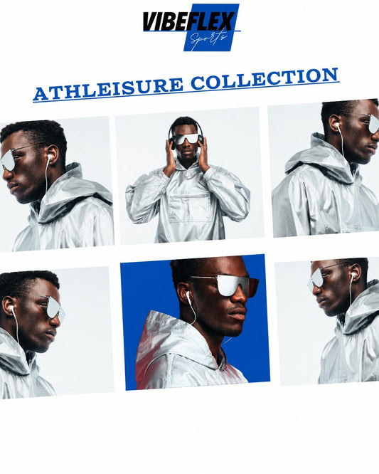 VibeFlex Sports athleisure collection collage featuring a silver training jacket