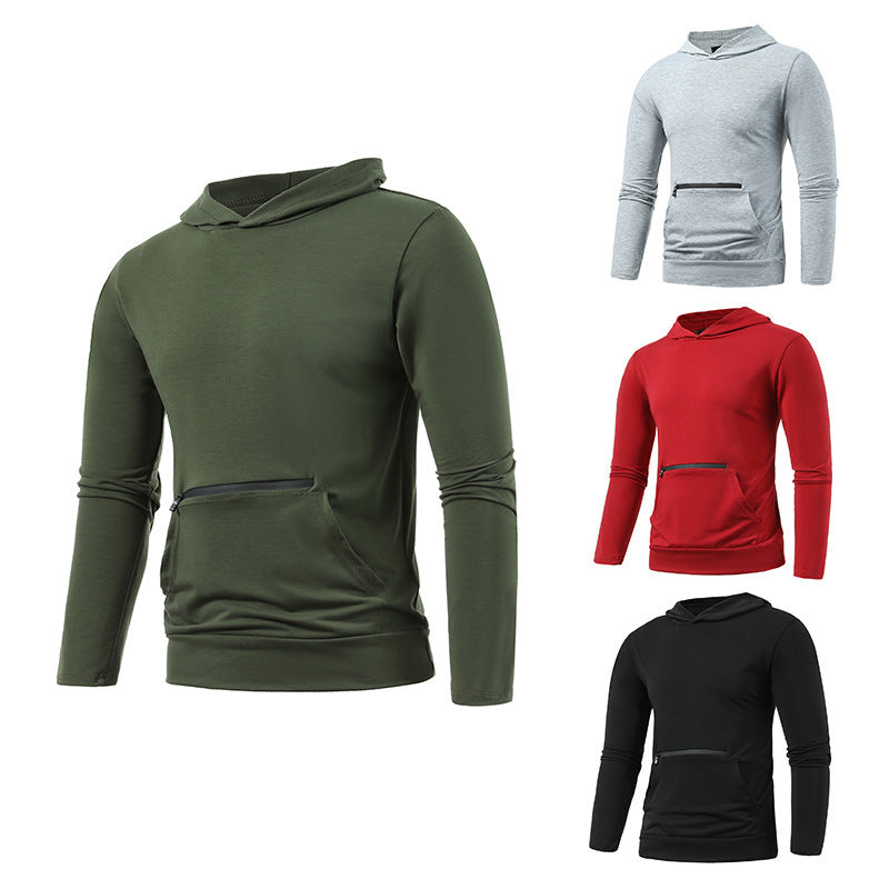 Men's Casual Double Pocket Hooded T-shirt Solid Sports