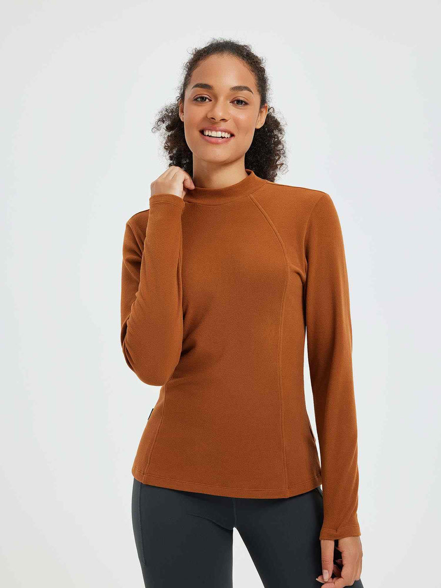 Camiseta de manga larga de felpa con cuello medio para correr - Marrón / L