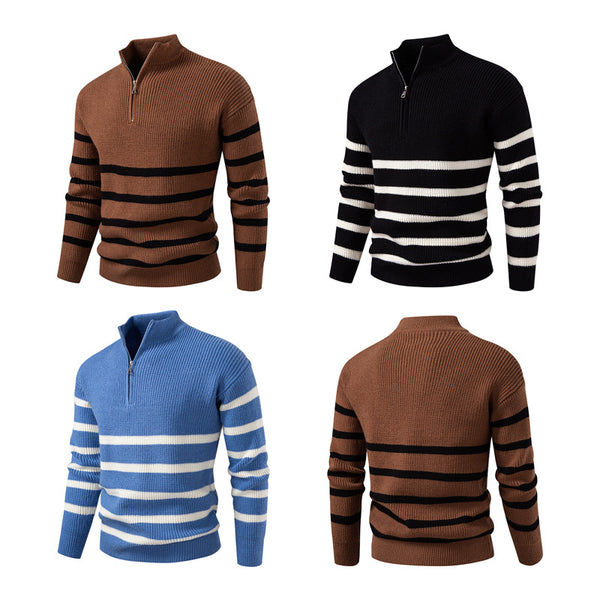 Oversize Zip-up Half-turtle Neck Color-block Striped Sweater For Men