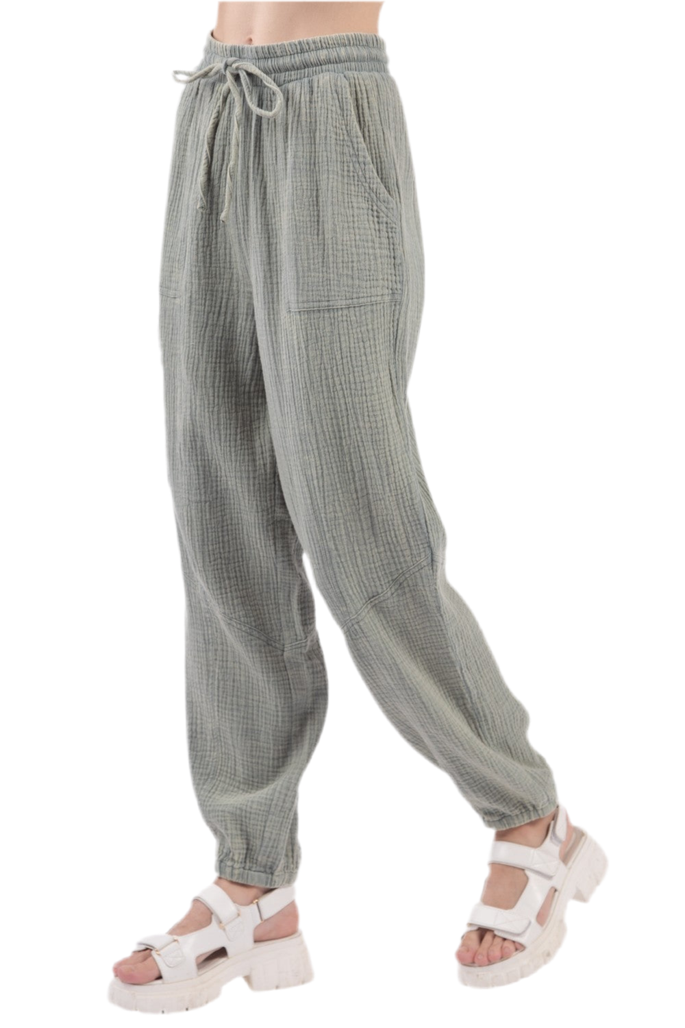 VERY J Washed Woven Crinkle Gauze Drawstring Pants