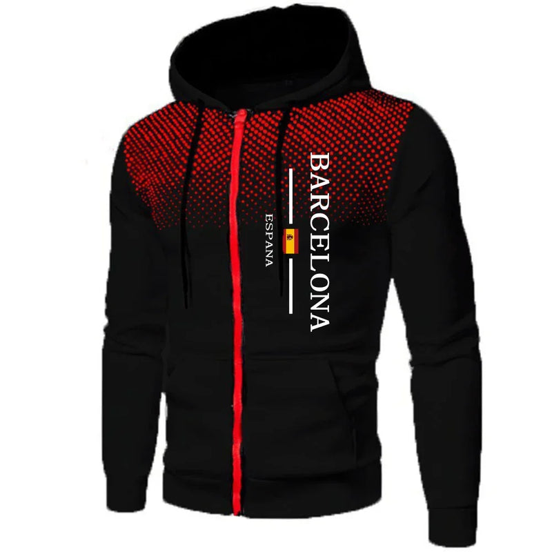 Arrival Men's Zipper Hoodies Barcelona Print Hooded Sweatshirt Fall Winter Daily Casual Sport Motorcycle Riding Coats