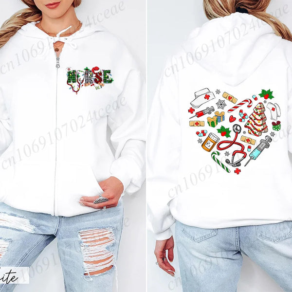 Nurse Christmas Hooded Jackets Fashion Women Personalized Warm Hoodies Casual Zipper Streetwear Christmas Nursing Sweatshirts
