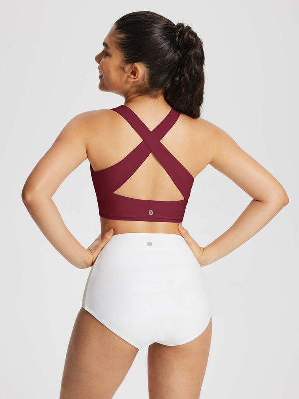 Women's Solid High-Neck Swim Bra Top - Wine Red / L