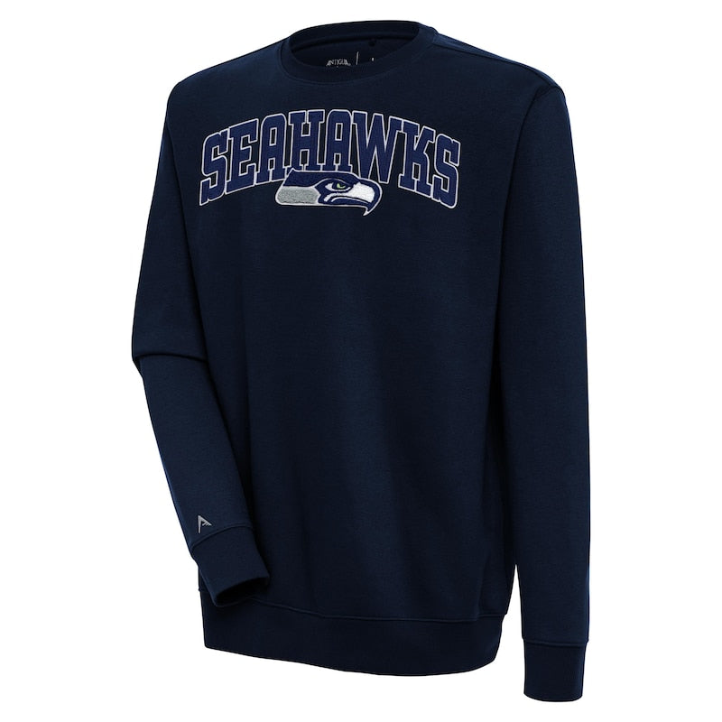 Men's Antigua  College Navy Seattle Seahawks Victory Chenille Pullover Sweatshirt