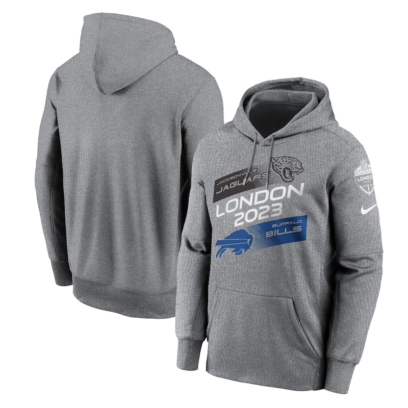 Men's Nike Heather Charcoal Jacksonville Jaguars vs. Buffalo Bills 2023 London Game Pullover Hoodie