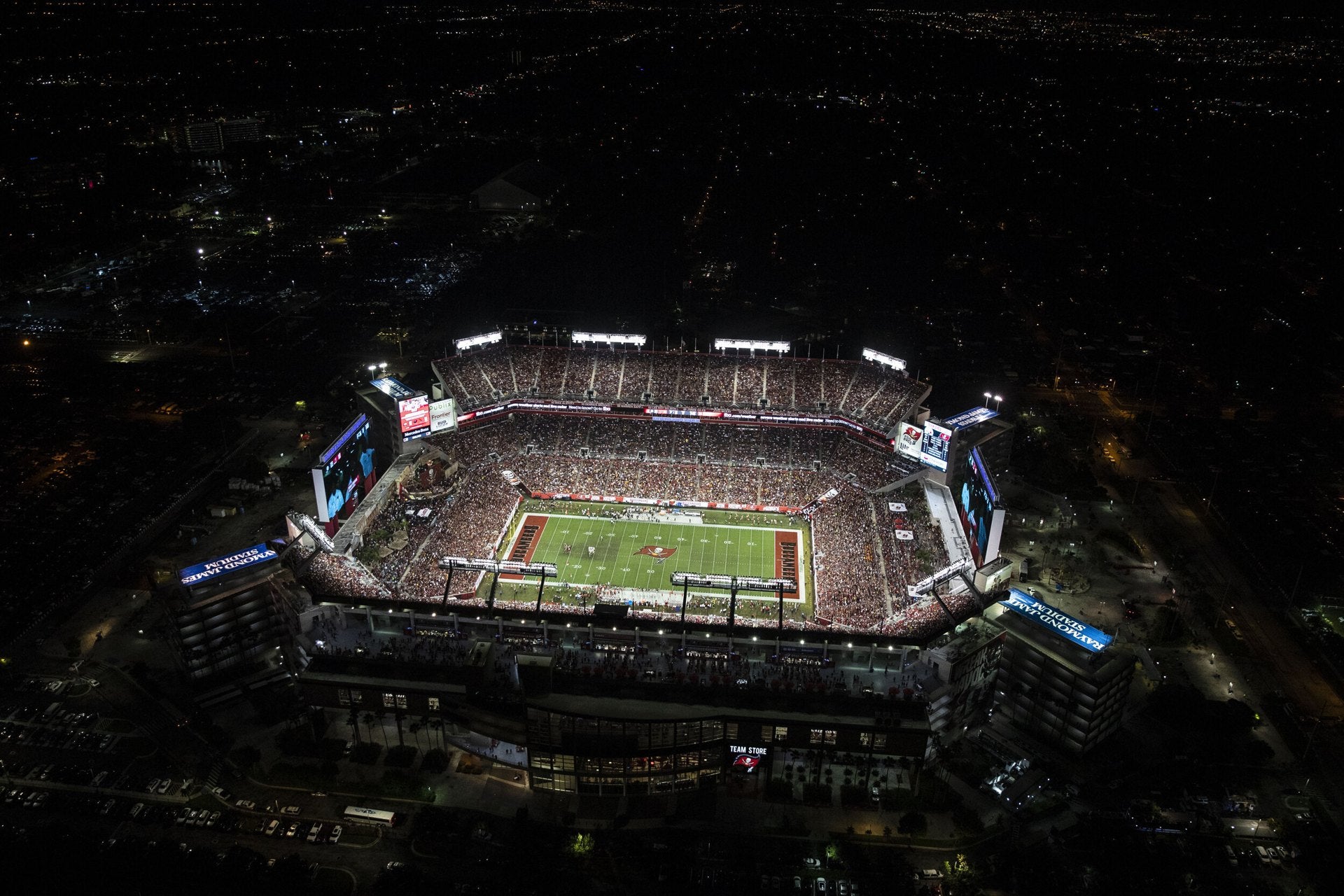 Raymond James Stadium at night in Tampa